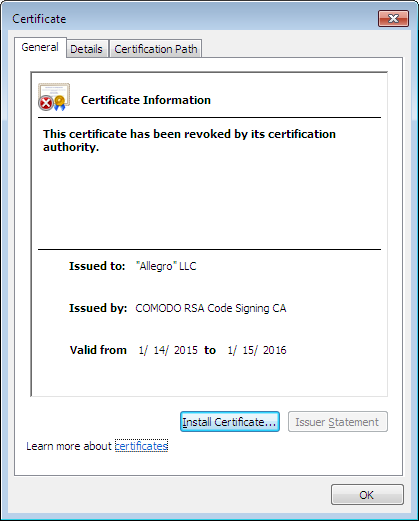 The (now revoked) certificate of one of the binaries in the leak, same as the one used by Buhtrap